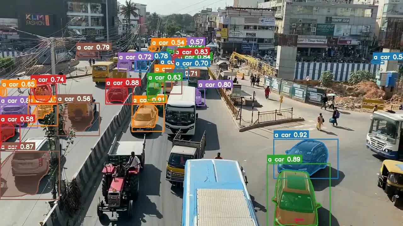 Highway interchange: prompt “a car” with per-instance masks, boxes, and confidence scores